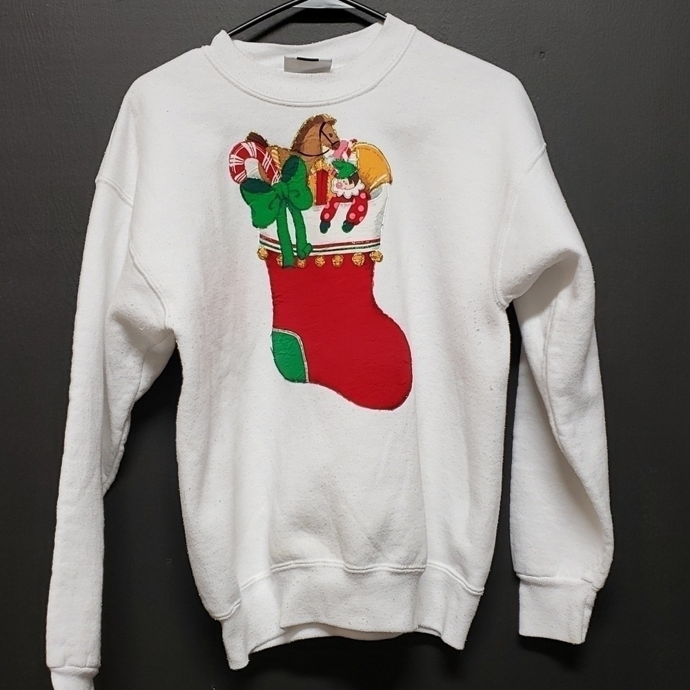 Lee USA Made Christmas Sweatshirt Hand Crafted White L 40 Some Stains See Pics